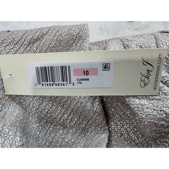 New Eliza J Size 10 One-Shoulder Glitter Mermaid Gown ruching, train Back Beige - Picture 12 of 15